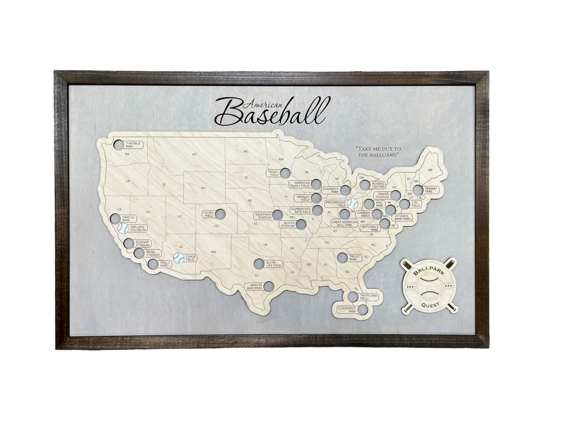 MapCuts Professional Baseball Stadium Travel Map with 30 detachable baseball icons. 