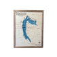 Pymatuning Reservoir wooden map on white background. 