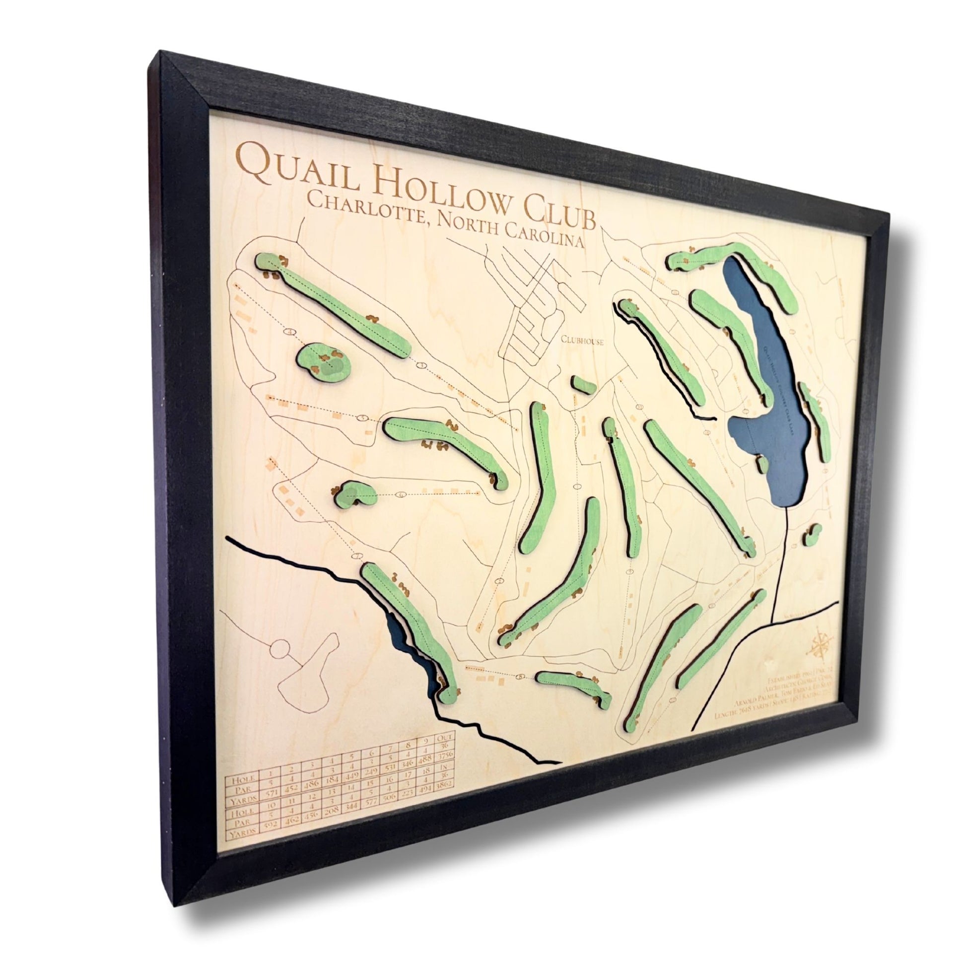 Sideview of Quail Hollow golf course map with blue water stain and raised green greens. 