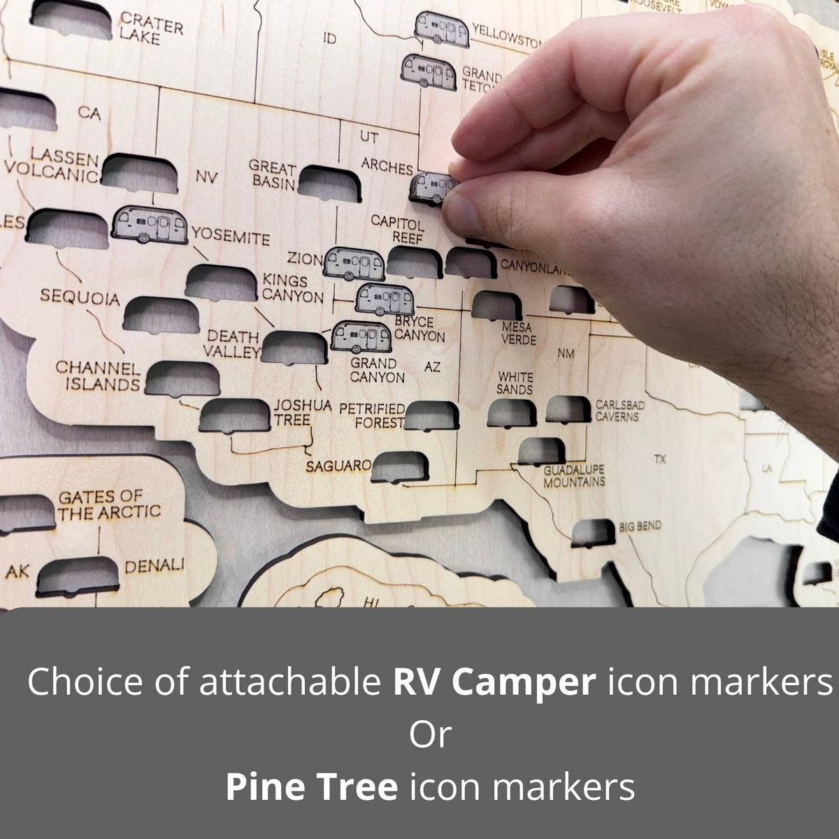 Attachable RV camper icon markers to track your park travels. 