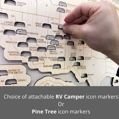 Attachable RV camper icon markers to track your park travels. 