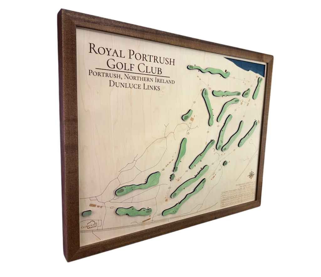 A side view of a wooden map of Royal Portrush golf club in Northern Ireland.

