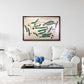 Living room with a white sofa, coffee table, and framed golf course map on the wall.