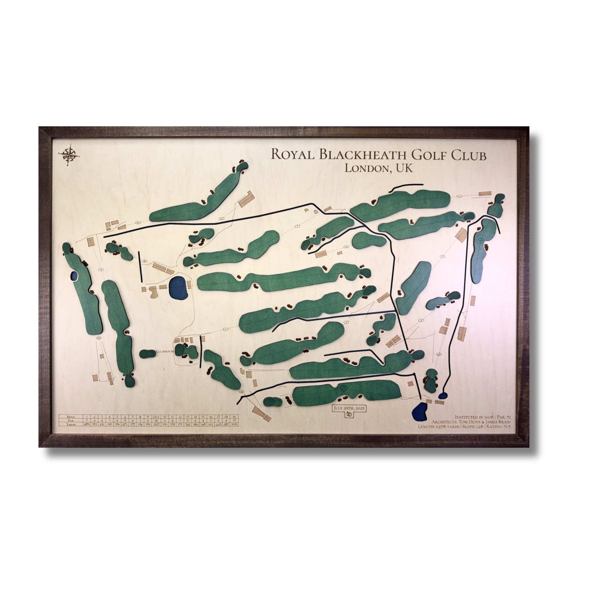 A 3D custom wooden map of Royal Blackheath Golf Club on a white background. 