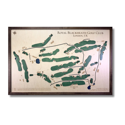 A 3D custom wooden map of Royal Blackheath Golf Club on a white background. 