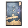 Large lake Erie Islands map with dark blue water color stain and a black frame. 