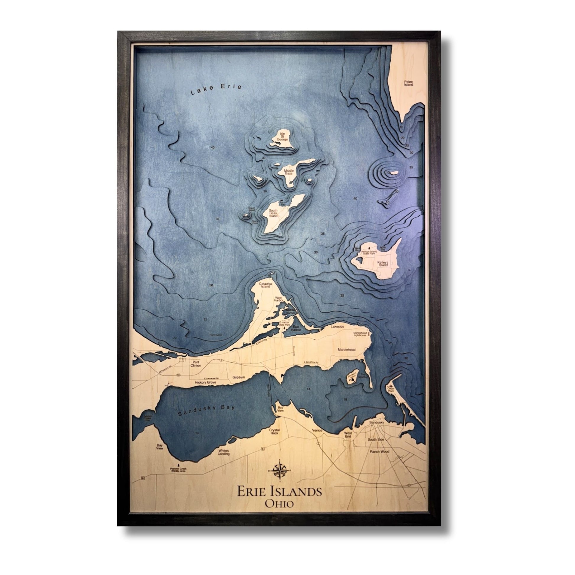 Large lake Erie Islands map with dark blue water color stain and a black frame. 