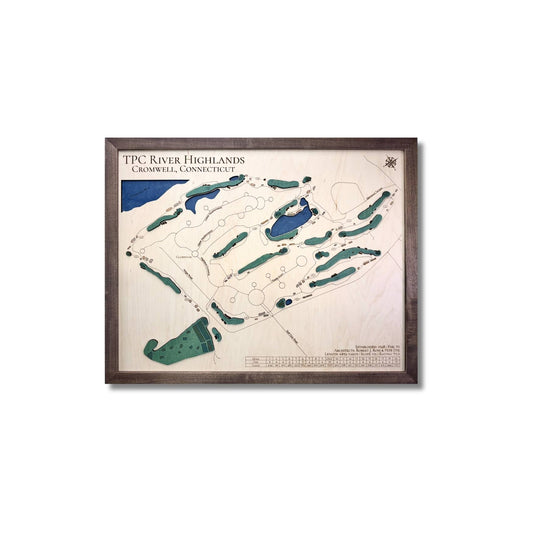 Framed wooden golf map of TPC River Highlands golf course on a white background.