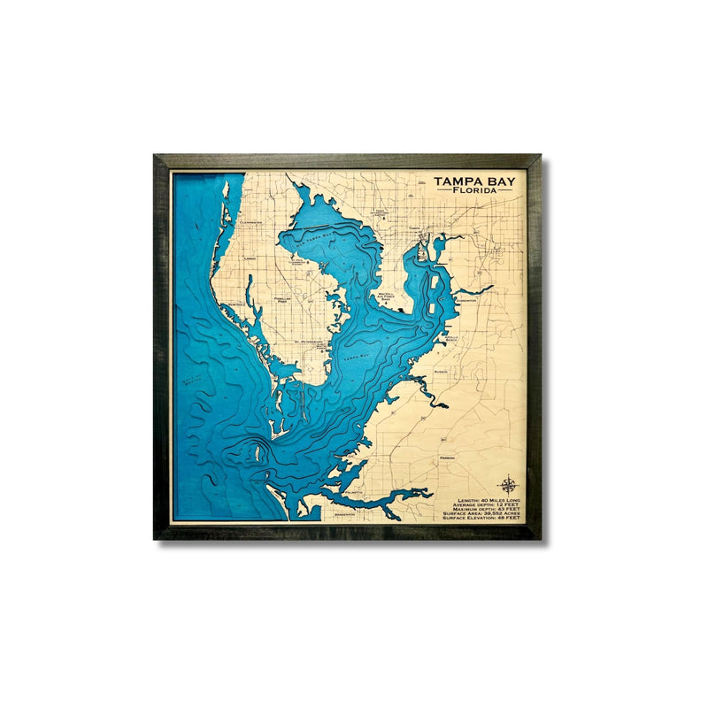 Framed multi water layer wooden map of Tampa Bay, Florida.