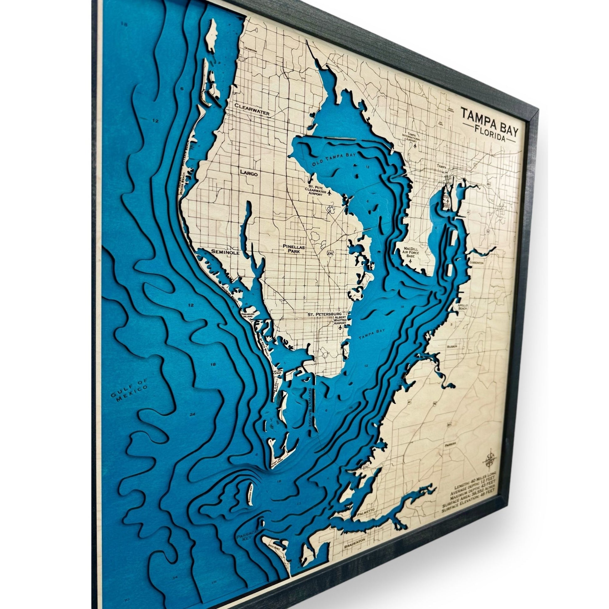 Side view of a 3D wooden map of Tampa Bay, Florida.