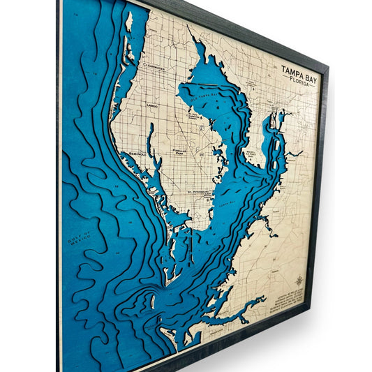 Side view of a 3D wooden map of Tampa Bay, Florida.