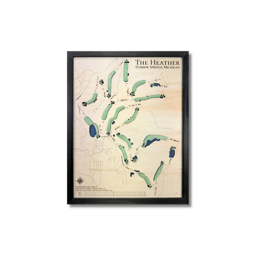 3D wooden golf map of The Heather in Michigan on white background. 