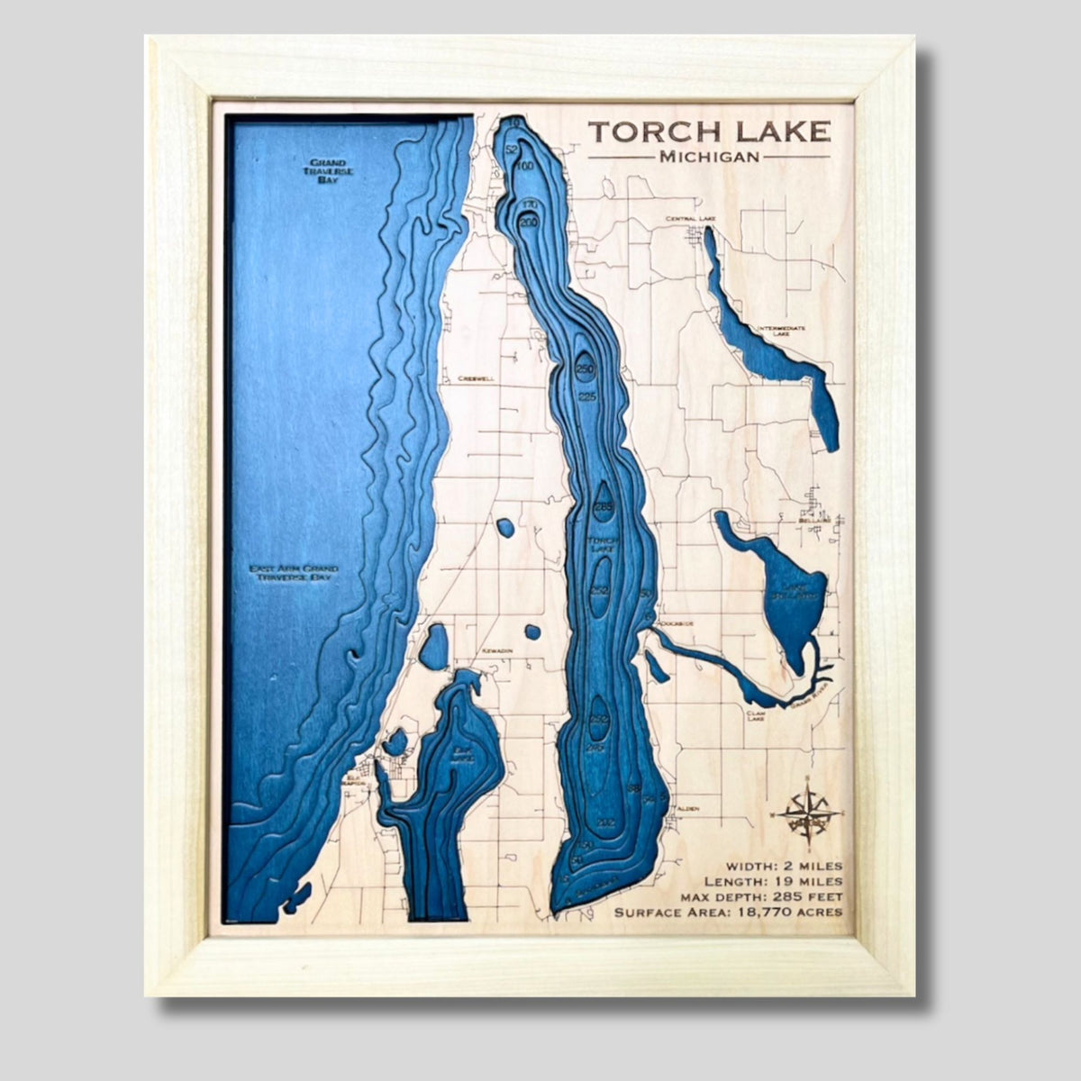 Multi water layer Torch Lake map with natural wood frame. 
