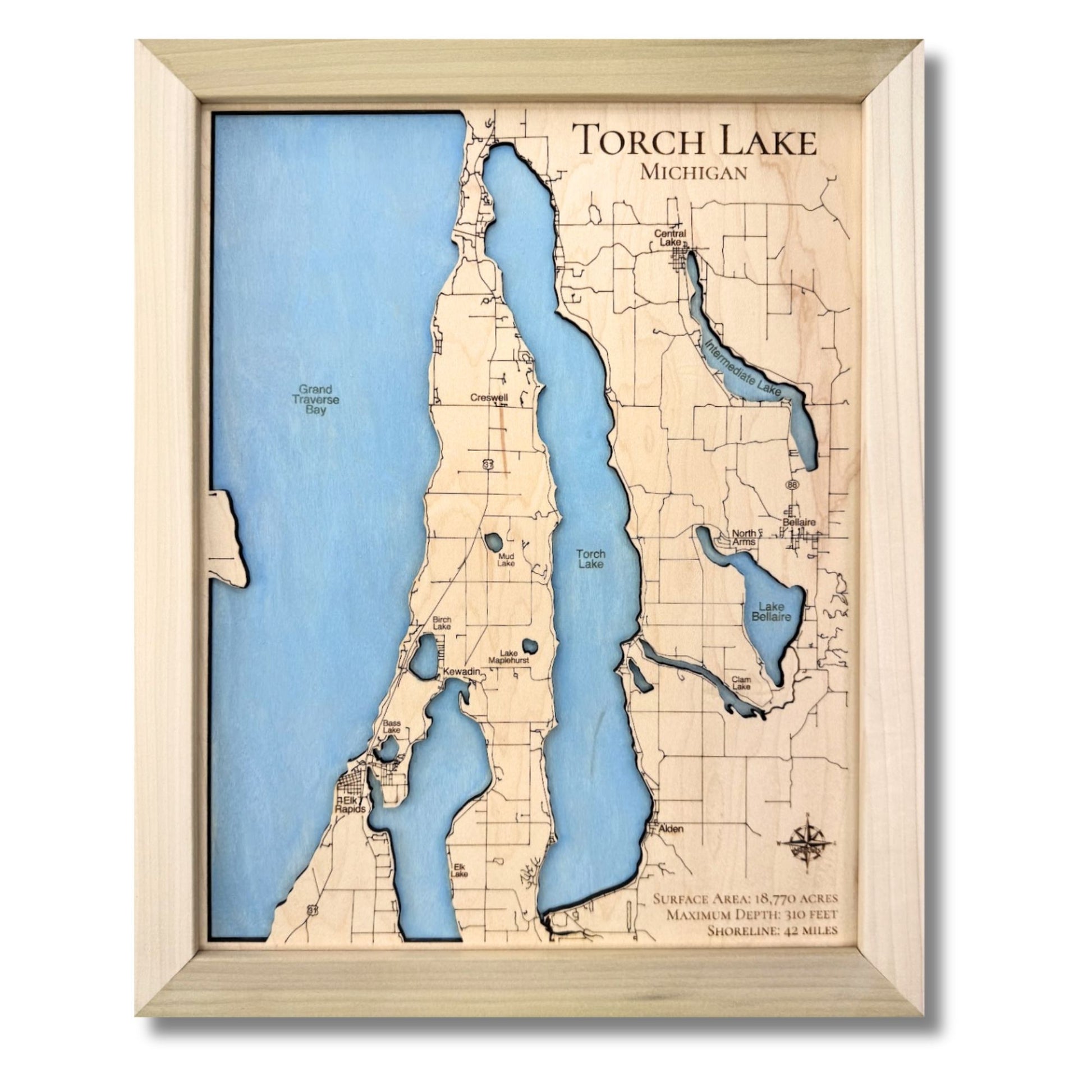 Torch Lake map with single water layer, light blue water stain, and a natural wood frame. 