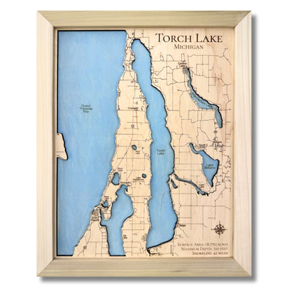 Torch Lake map with single water layer, light blue water stain, and a natural wood frame. 