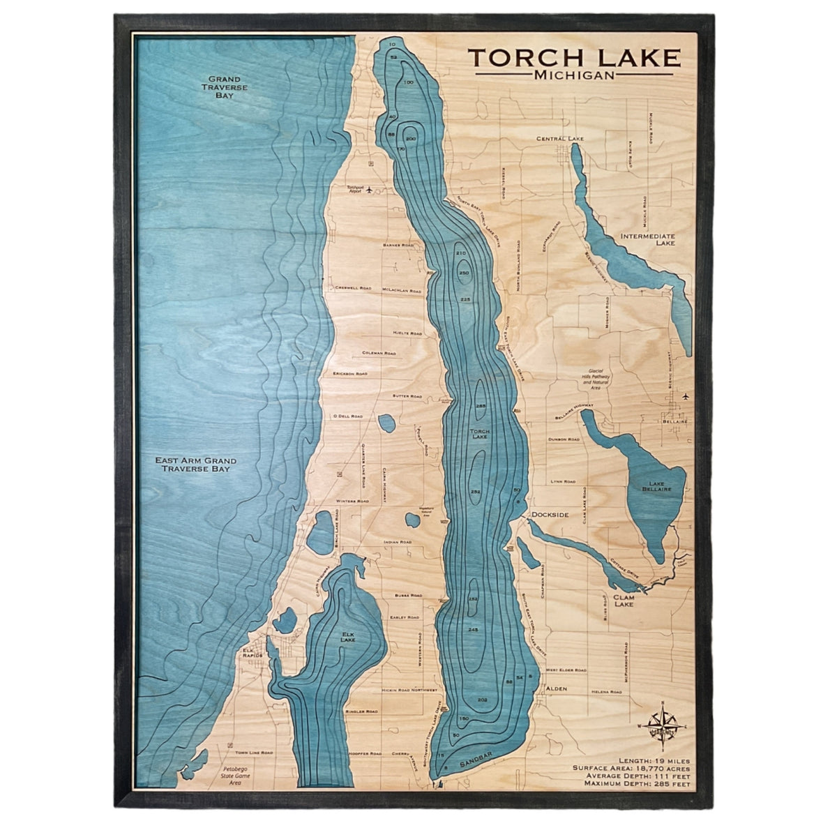 Map of Torch lake and surrounding lakes.