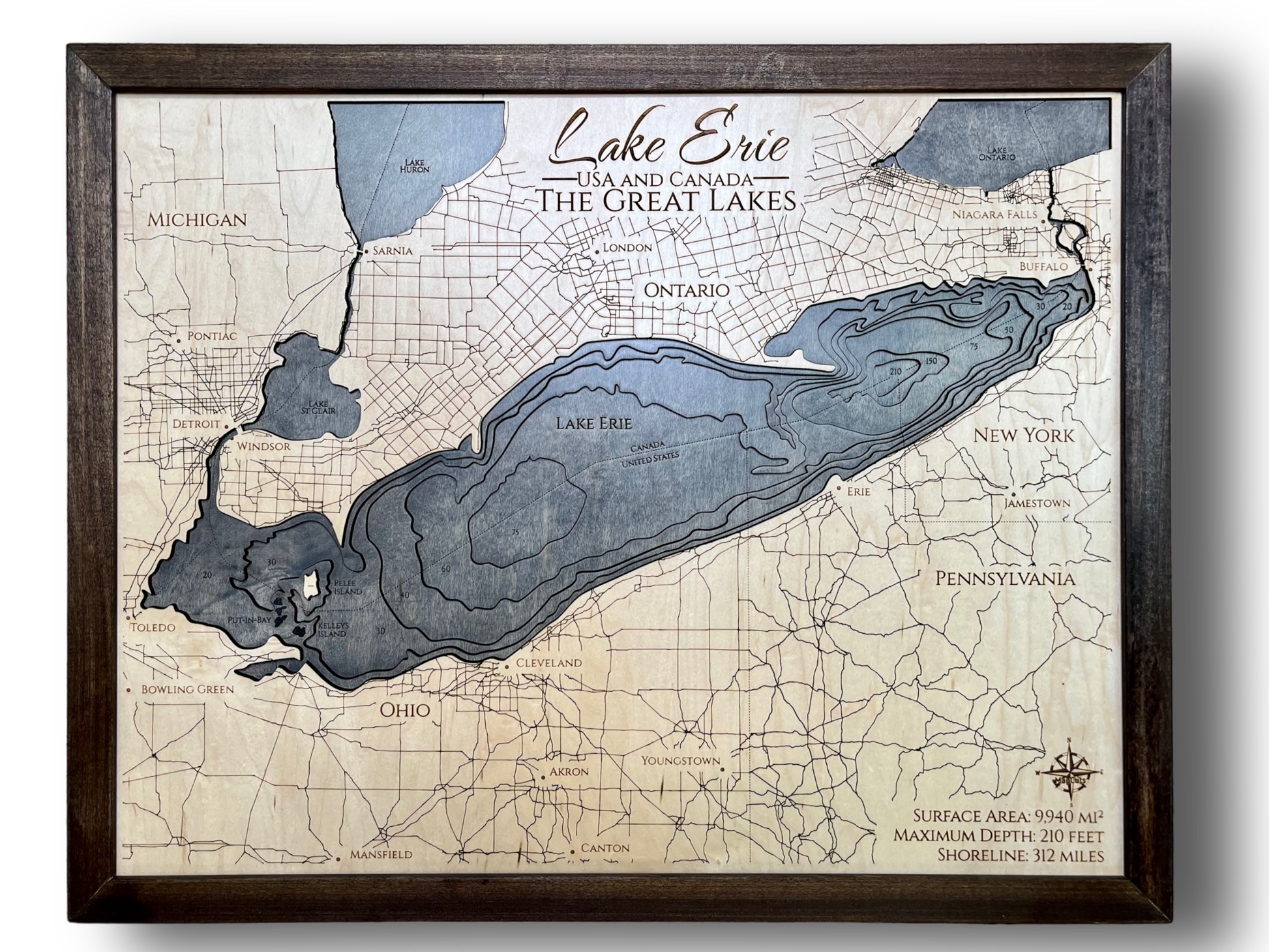 A 3D wooden map of Lake Erie with charcoal water stain color. 