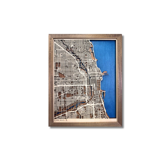 3D wooden city map of Chicago, Illinois with blue water stain and raised roads. 