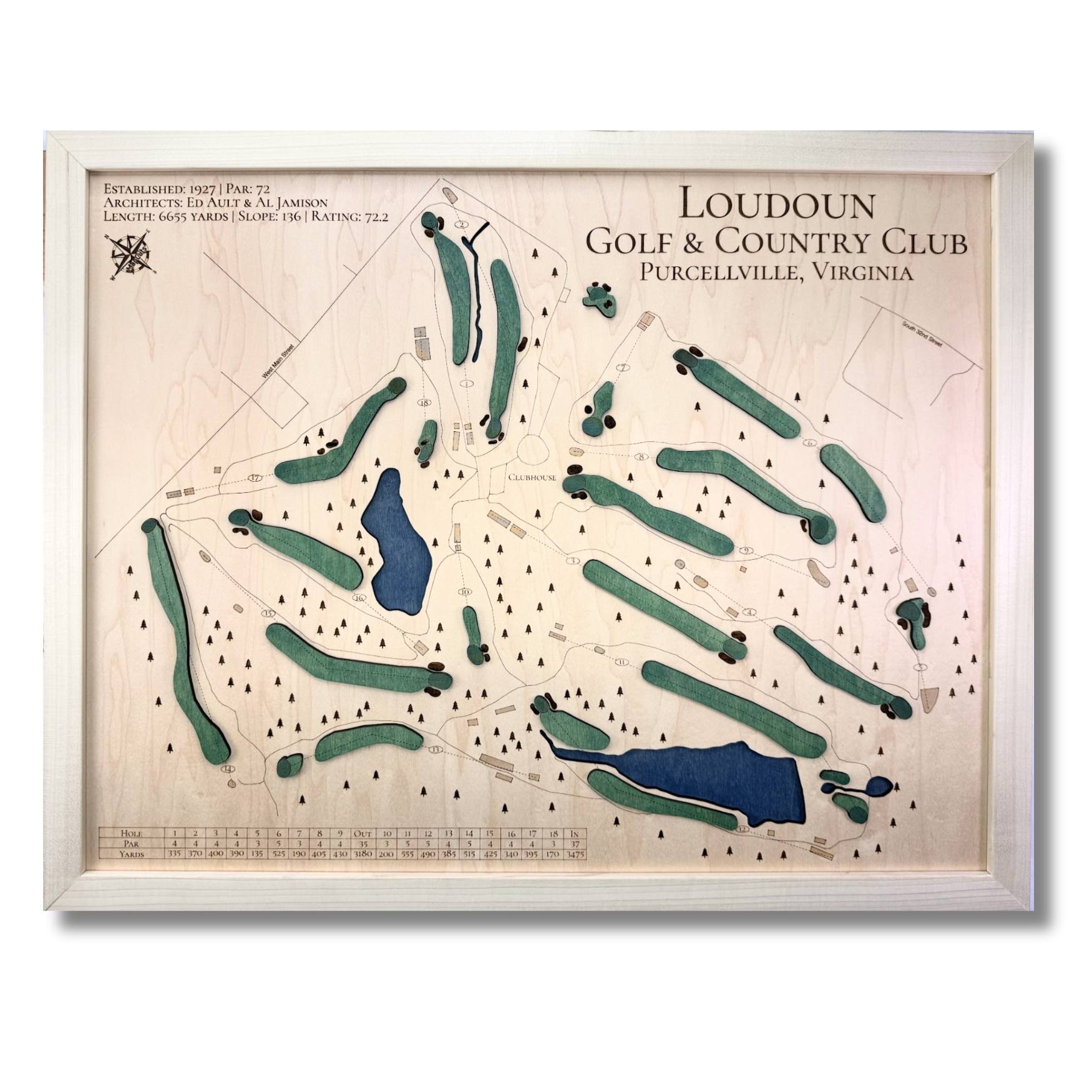 Map of Loudoun Golf & Country Club with green and blue markers on a white background.
