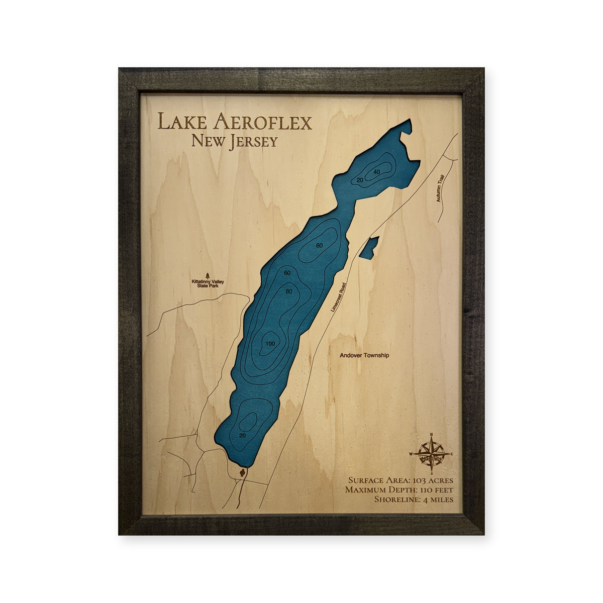 Aeroflex New Jersey wood map — single layer with engraved contours, white background