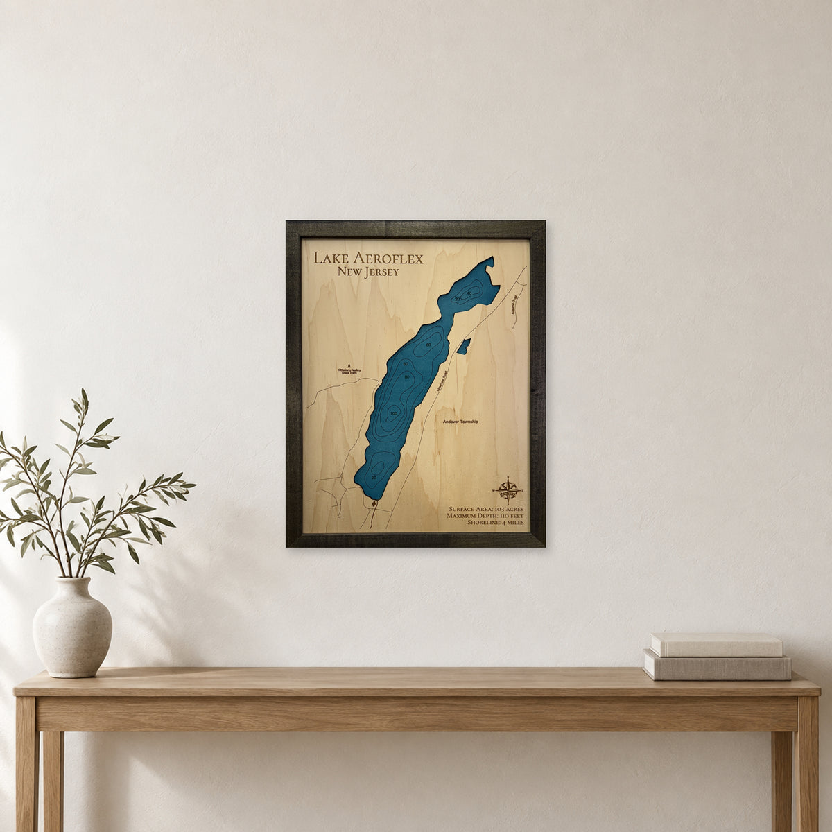 Aeroflex New Jersey wood map — single layer with engraved contours, staged room mockup
