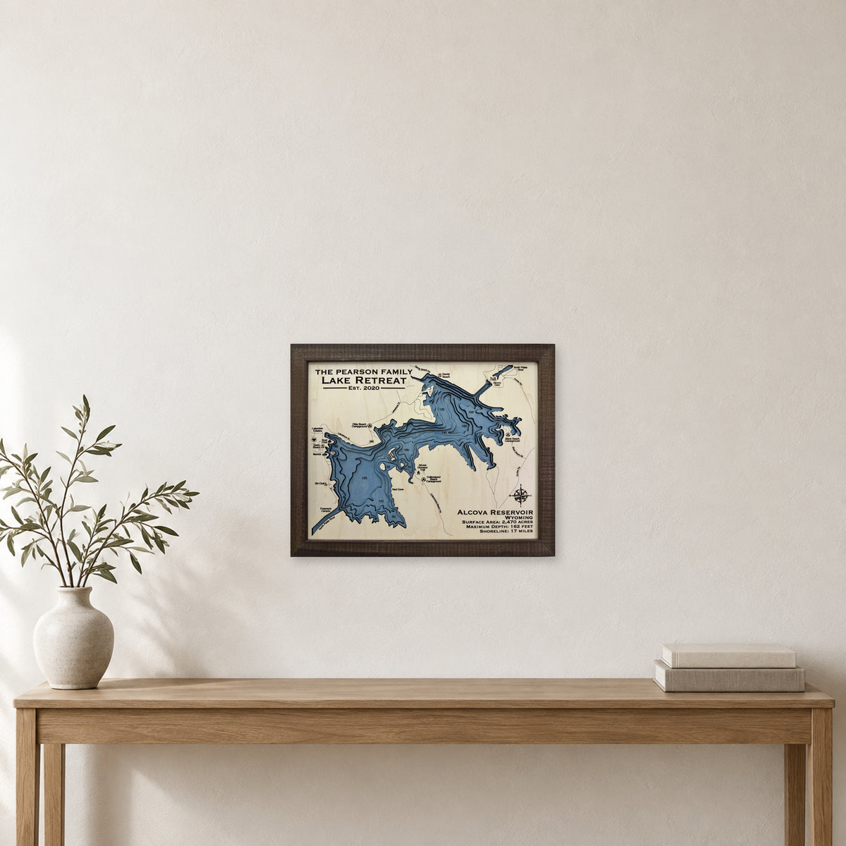 Alcova Pearson wood map — multilayer, staged room mockup