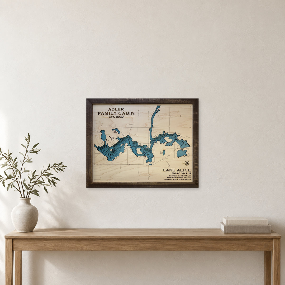 Alice Adler wood map — multilayer, staged room mockup