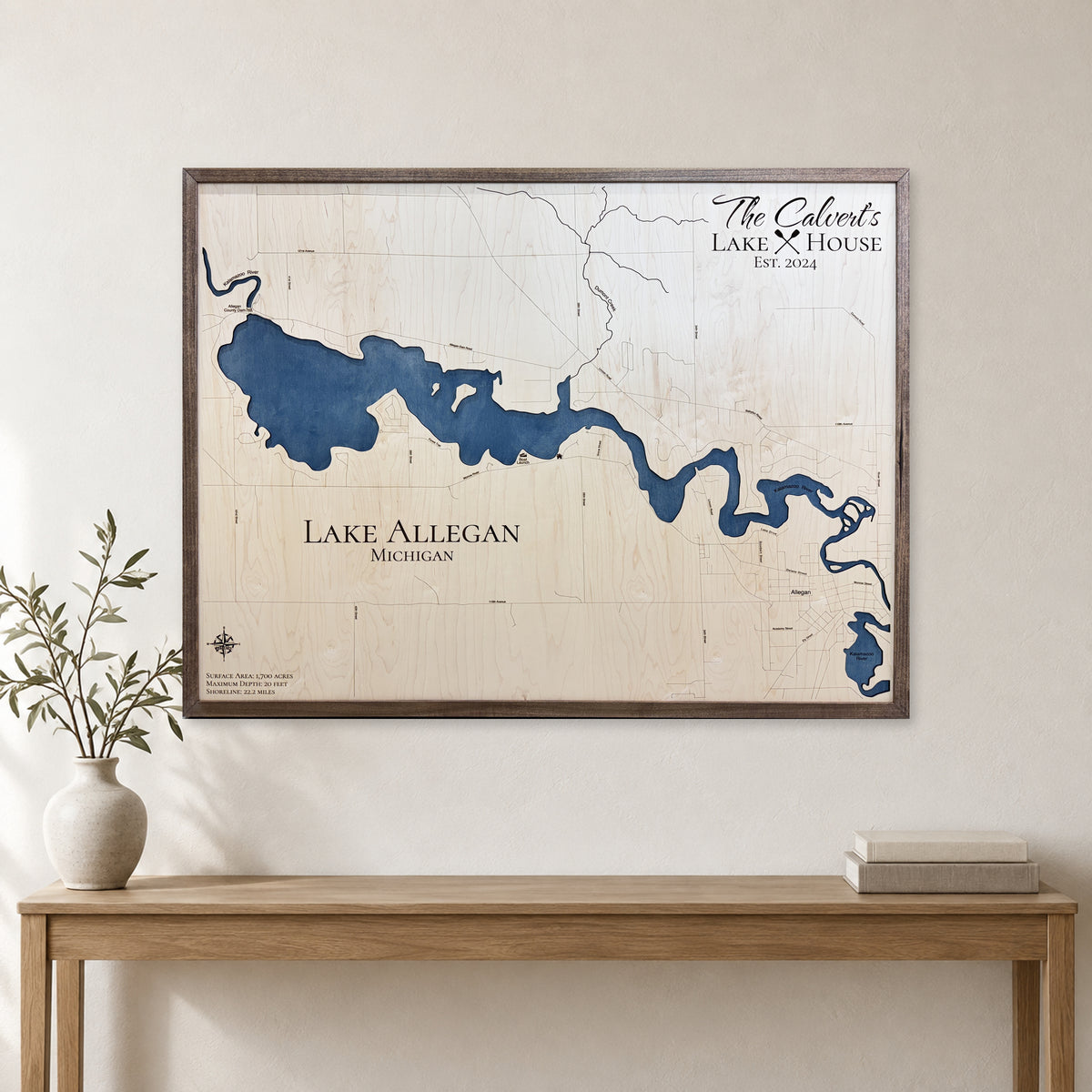 Allegan Calvert wood map — single layer, staged room mockup