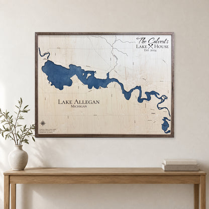 Allegan Calvert wood map — single layer, staged room mockup
