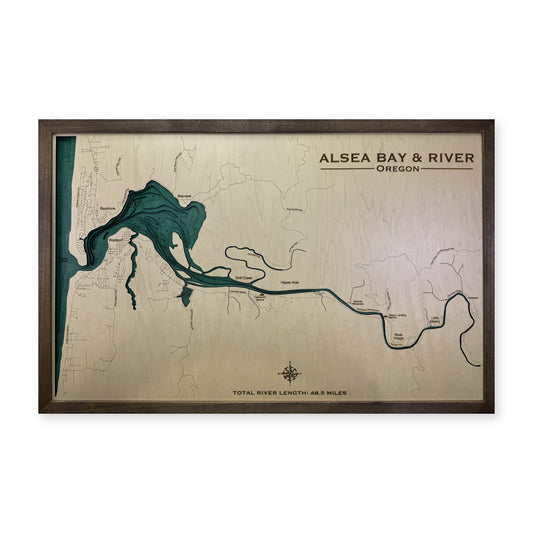 Alsea Bay River wood map — multilayer, white background