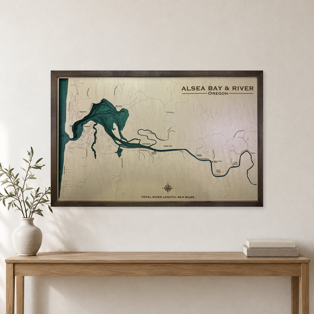 Alsea Bay River wood map — multilayer, staged room mockup
