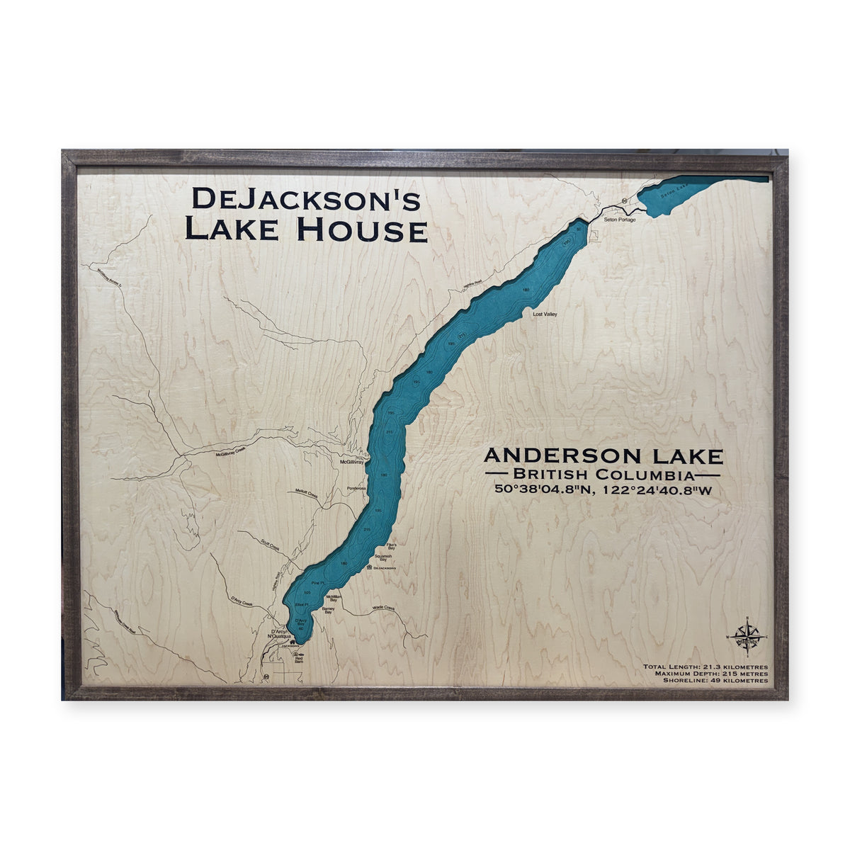 Anderson Dejackson wood map — single layer with engraved contours, white background