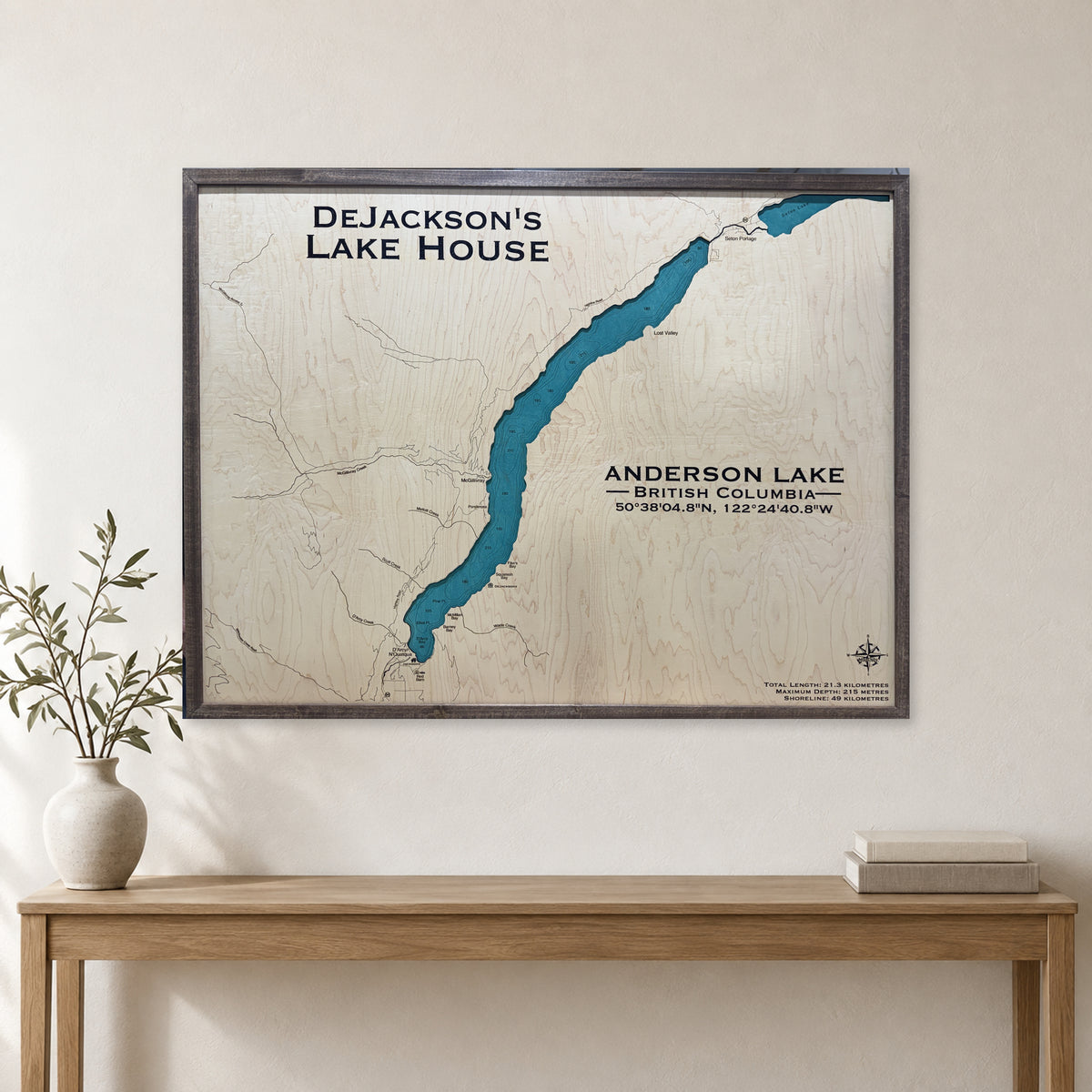 Anderson Dejackson wood map — single layer with engraved contours, staged room mockup