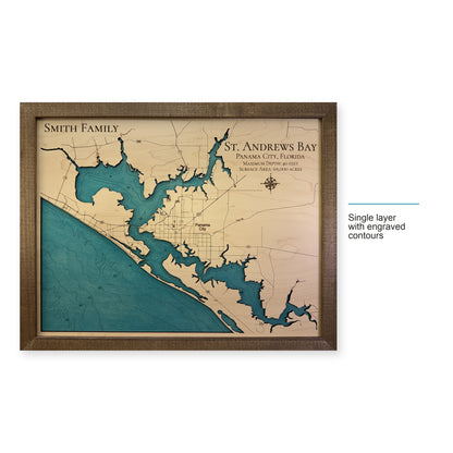 Andrews Smith wood map — single layer with engraved contours, layer option shown