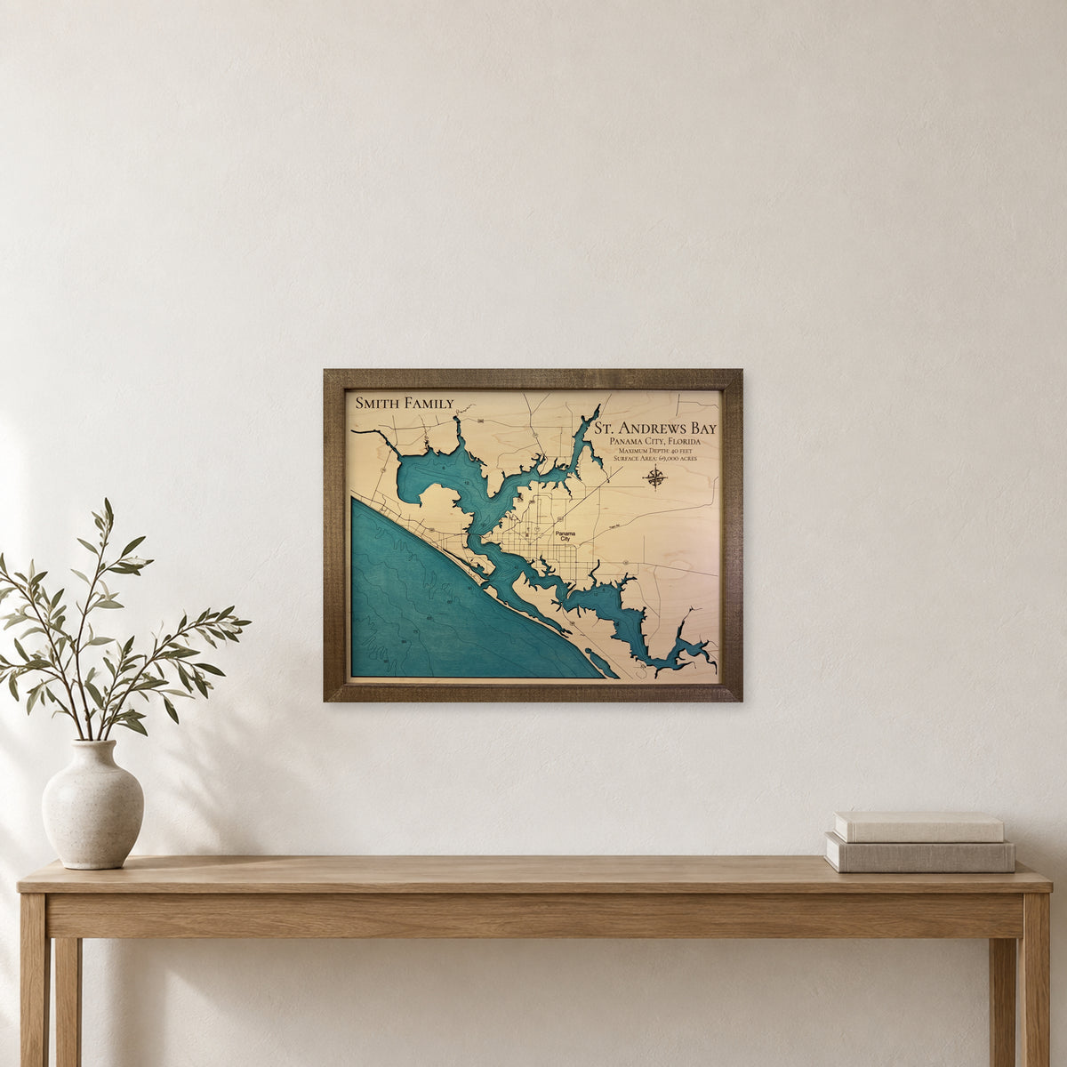 Andrews Smith wood map — single layer with engraved contours, staged room mockup