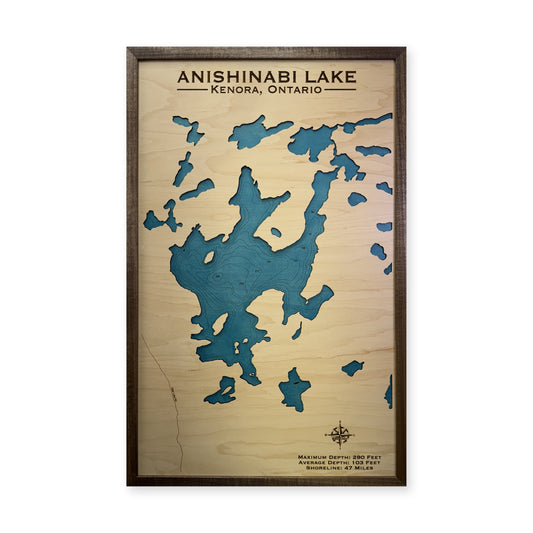Anishinabi Kenora wood map — single layer with engraved contours, white background