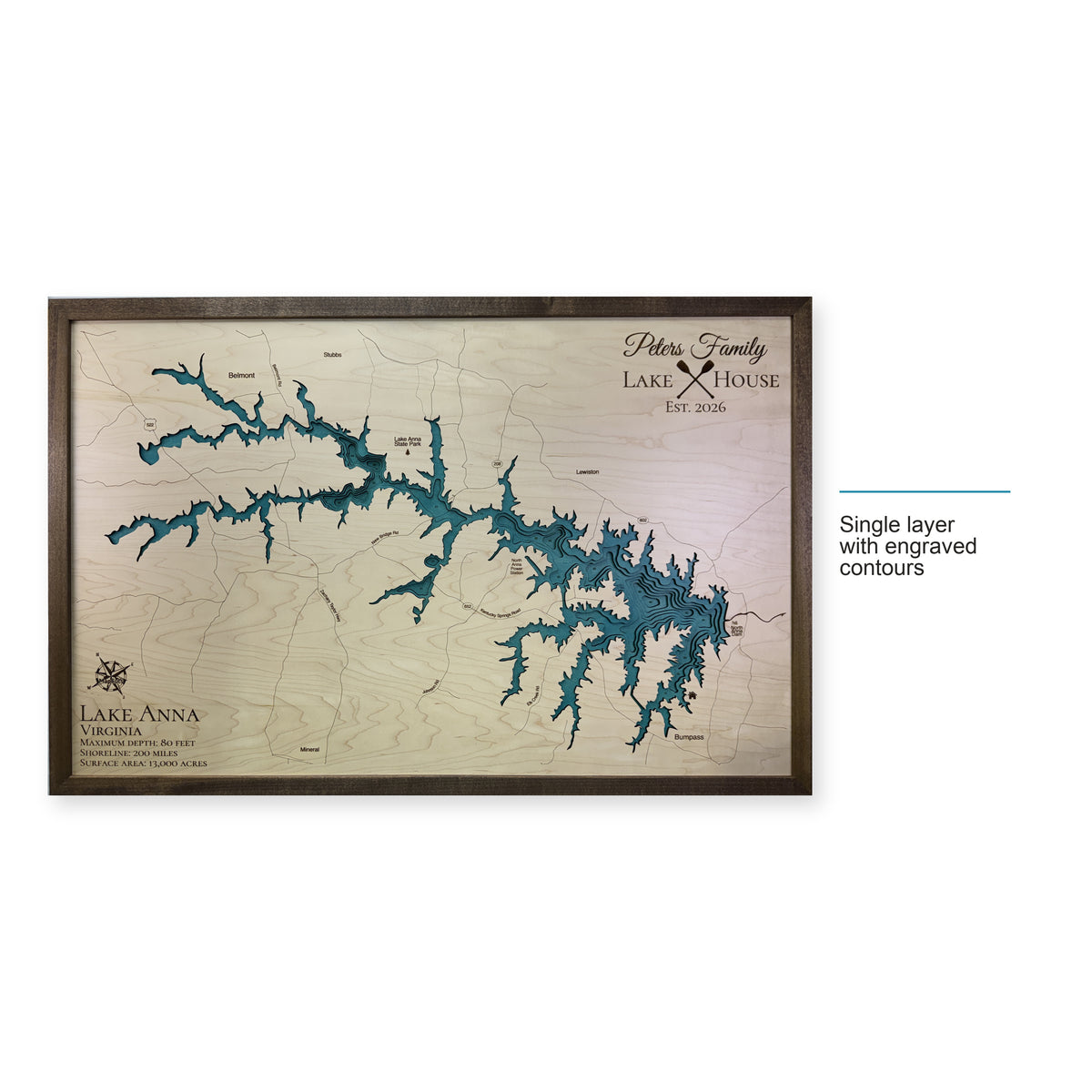 Anna Peters wood map — single layer with engraved contours, layer option shown