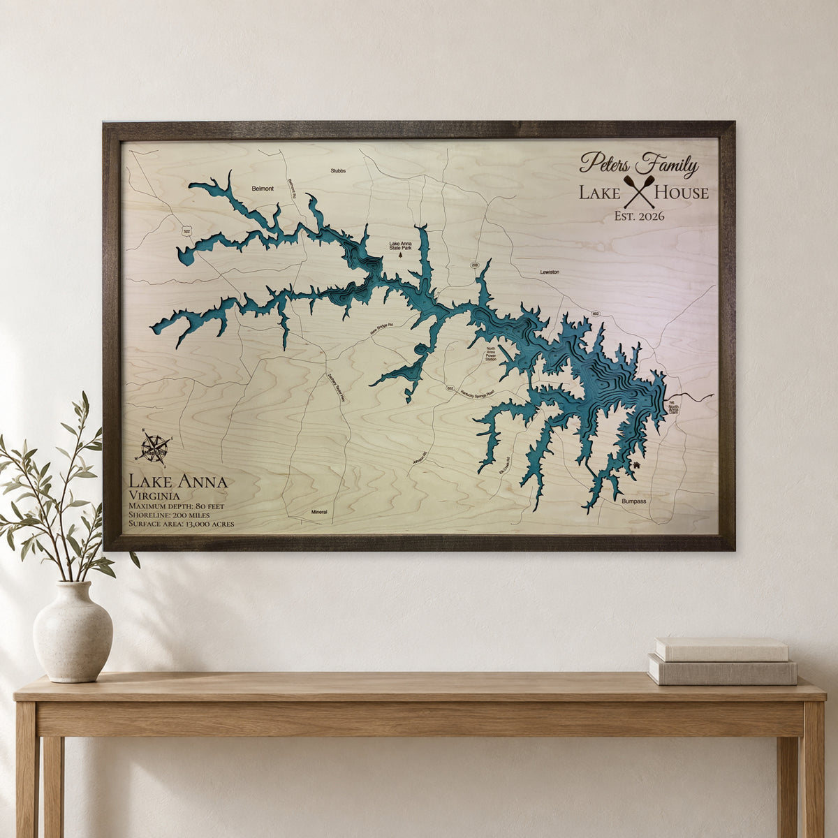 Anna Peters wood map — single layer with engraved contours, staged room mockup