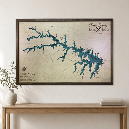 Anna Peters wood map — single layer with engraved contours, staged room mockup