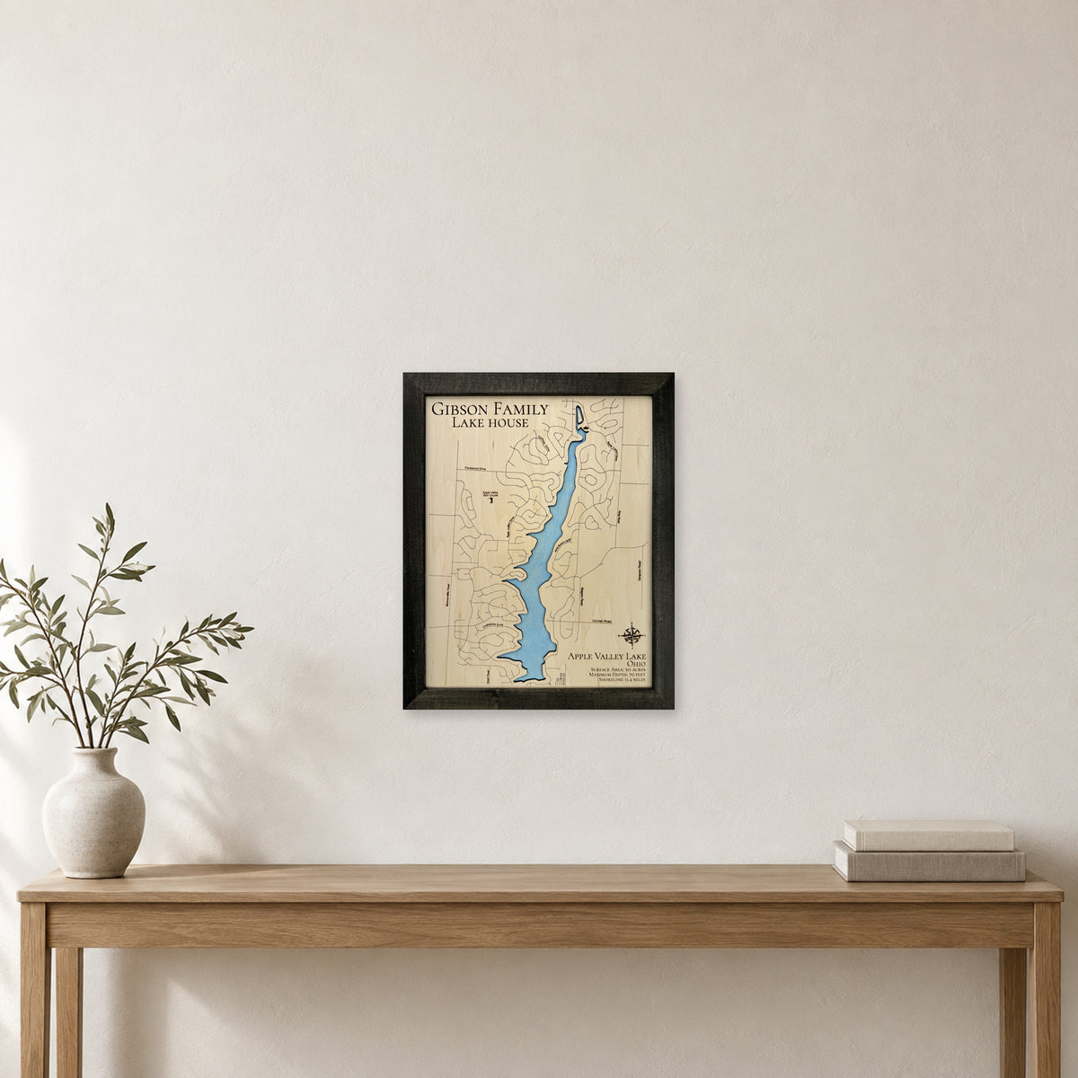 Apple Valley Gibson wood map — single layer, staged room mockup