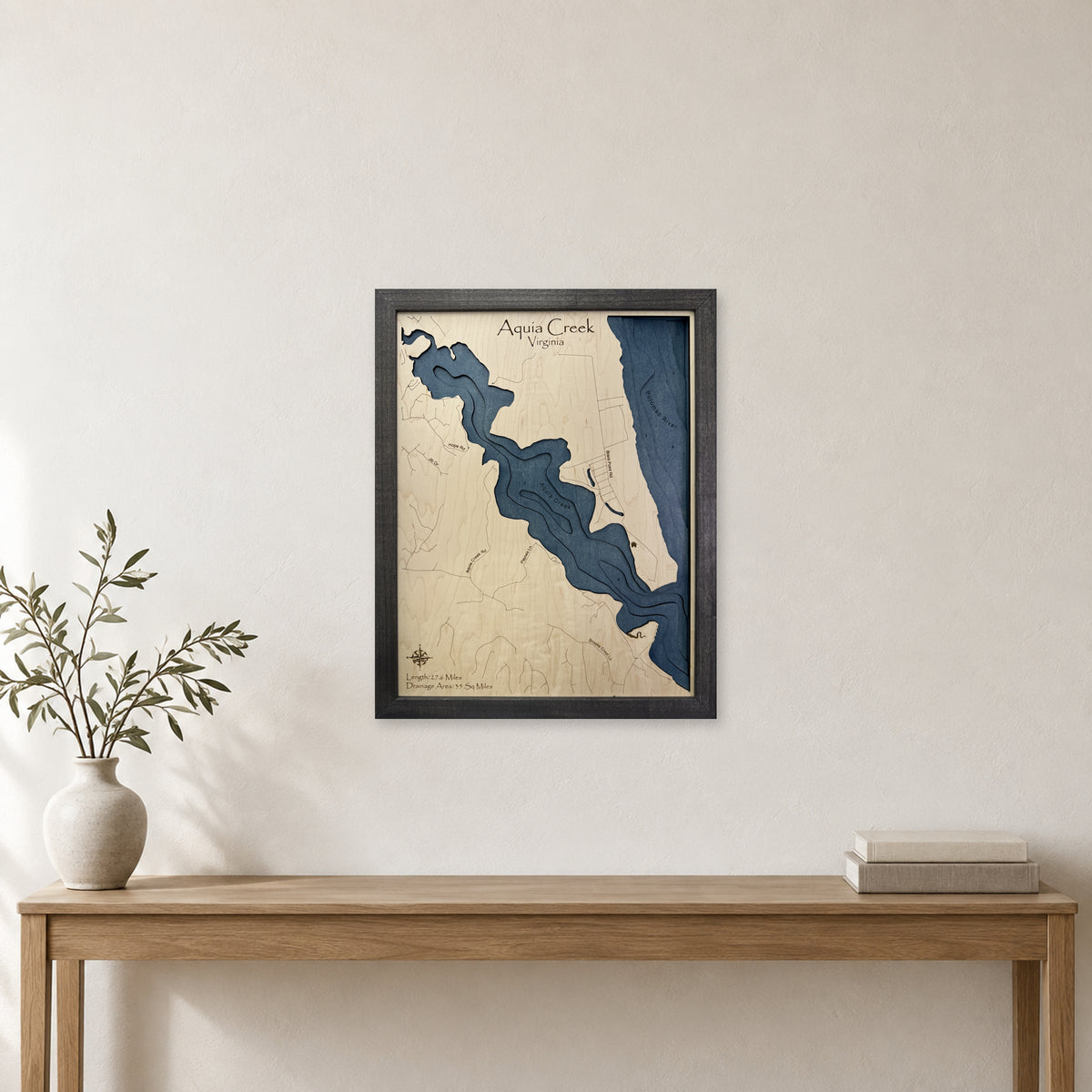 Aquia Creek wood map — multilayer, staged room mockup