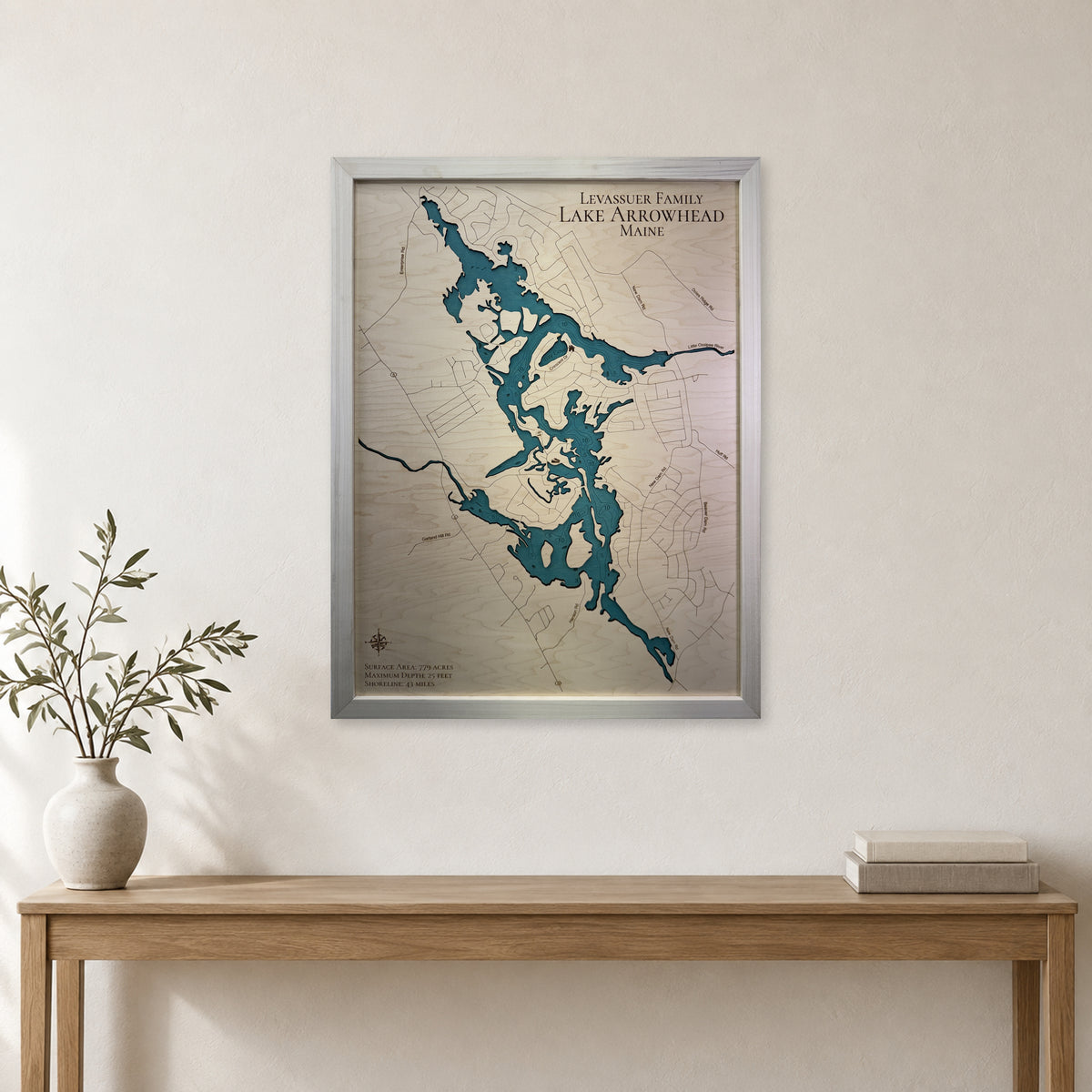 Arrowhead Levasseur wood map — single layer with engraved contours, staged room mockup