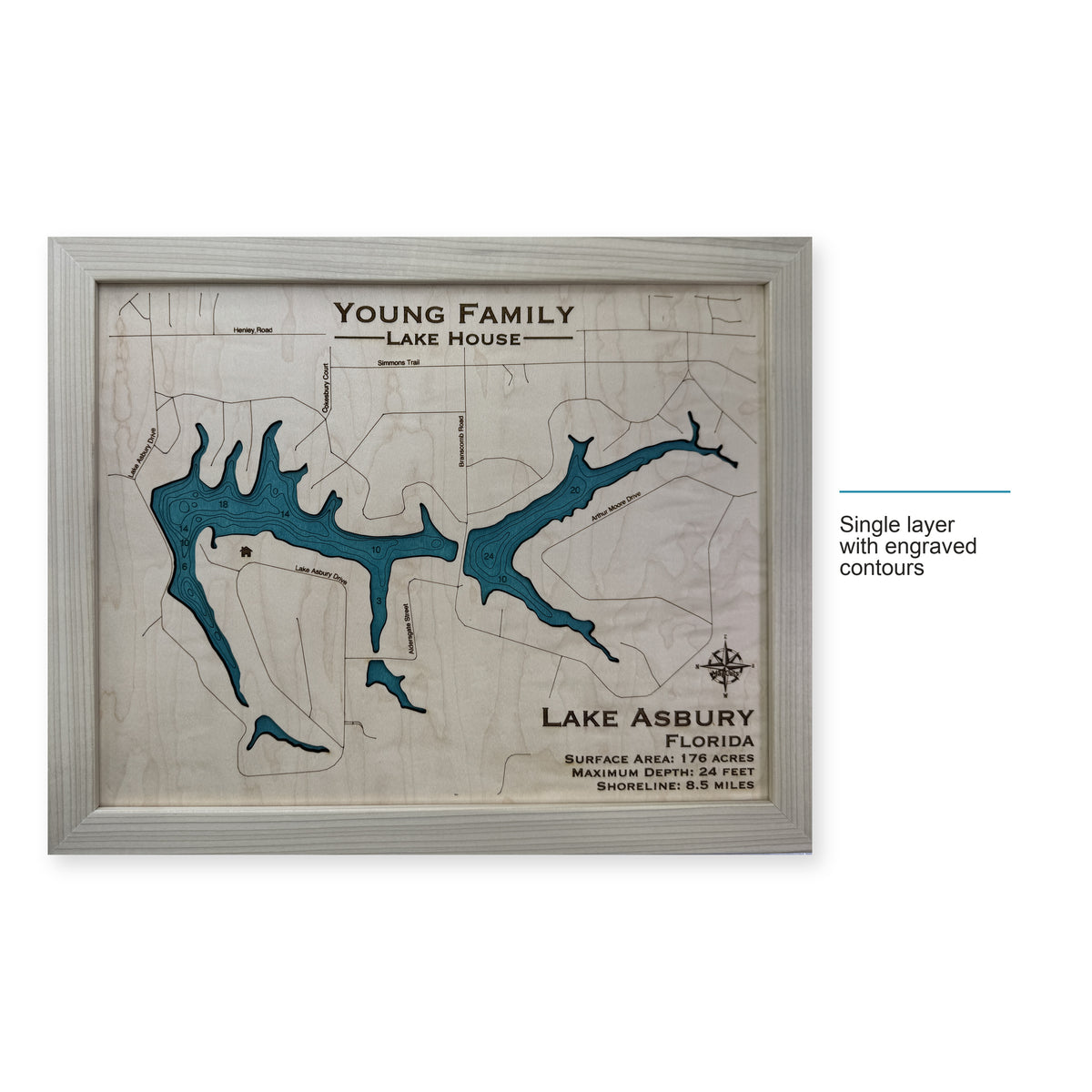 Asbury Young wood map — single layer with engraved contours, layer option shown