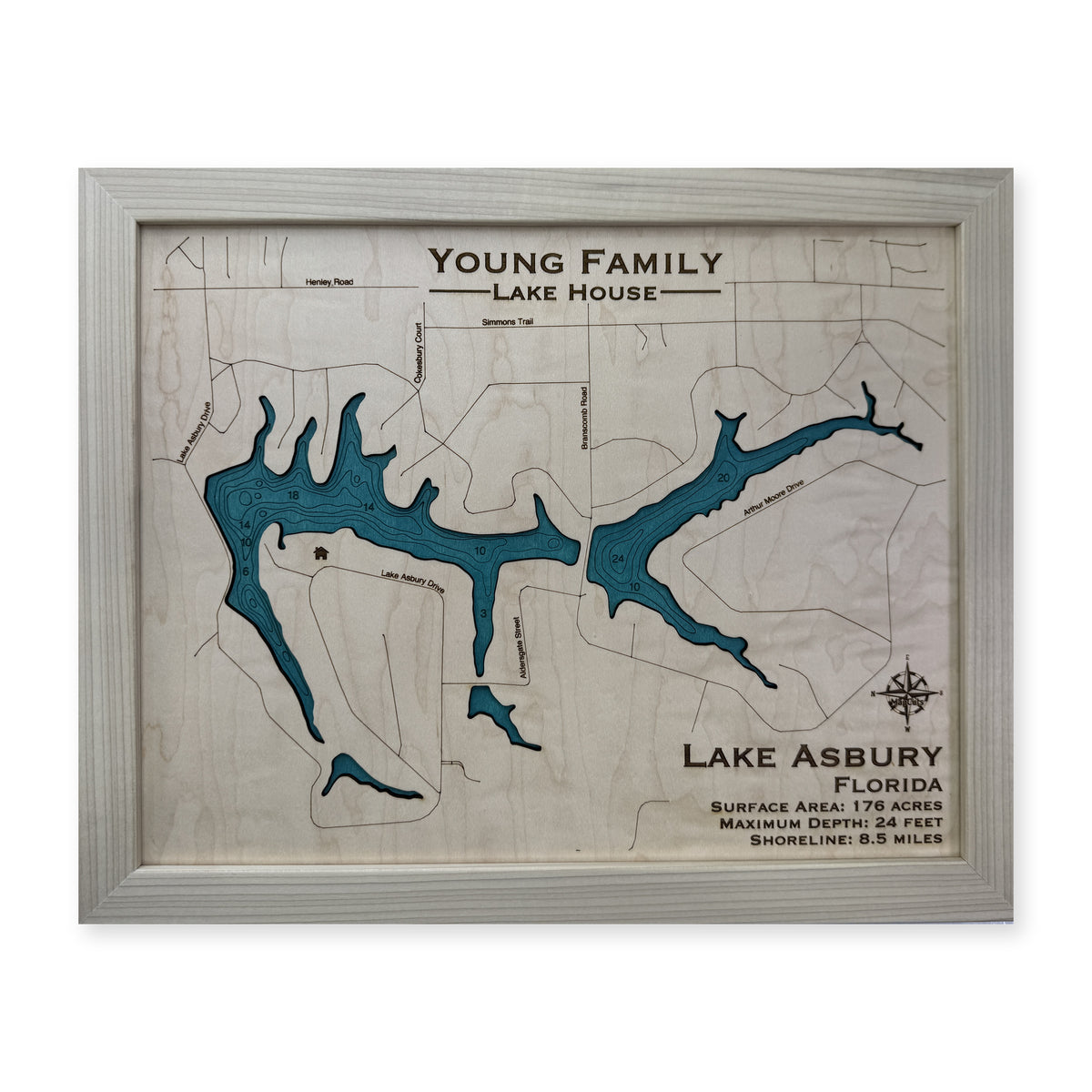 Asbury Young wood map — single layer with engraved contours, white background