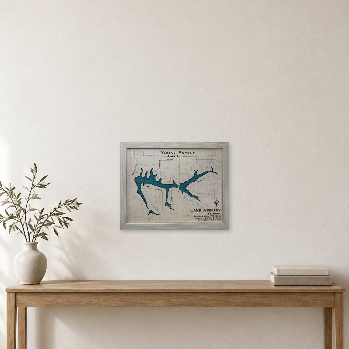Asbury Young wood map — single layer with engraved contours, staged room mockup