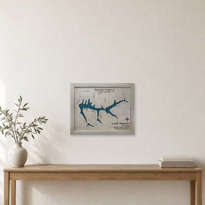 Asbury Young wood map — single layer with engraved contours, staged room mockup