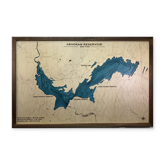Ashokan Reservoir wood map — multilayer, white background