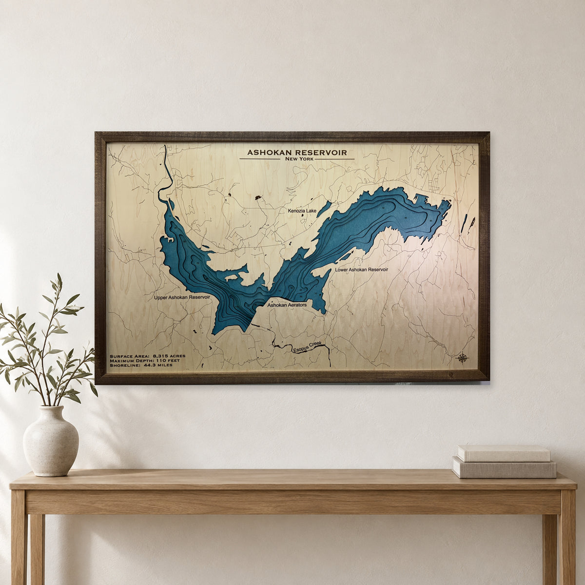 Ashokan Reservoir wood map — multilayer, staged room mockup