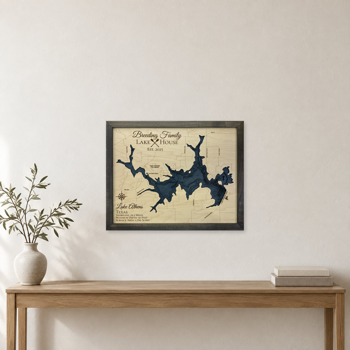 Athens Breeding wood map — multilayer, staged room mockup