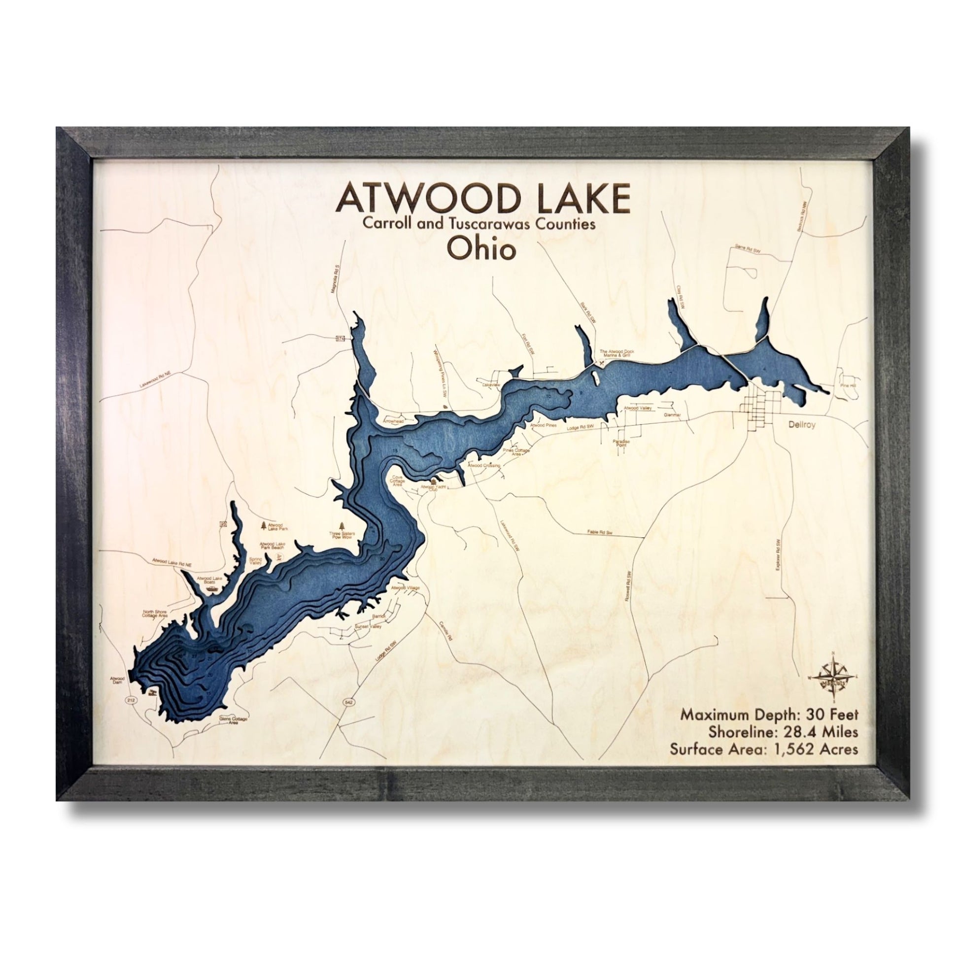 Atwood lake multilayer wood map with black frame. 
